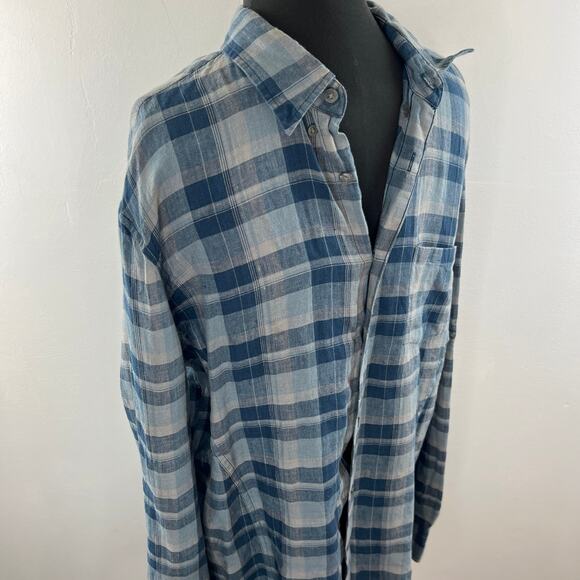 JOHN VARVATOS Blue Gray Plaid Linen Button-Down Collared Pocket Shirt Top Size L - Picture 4 of 8